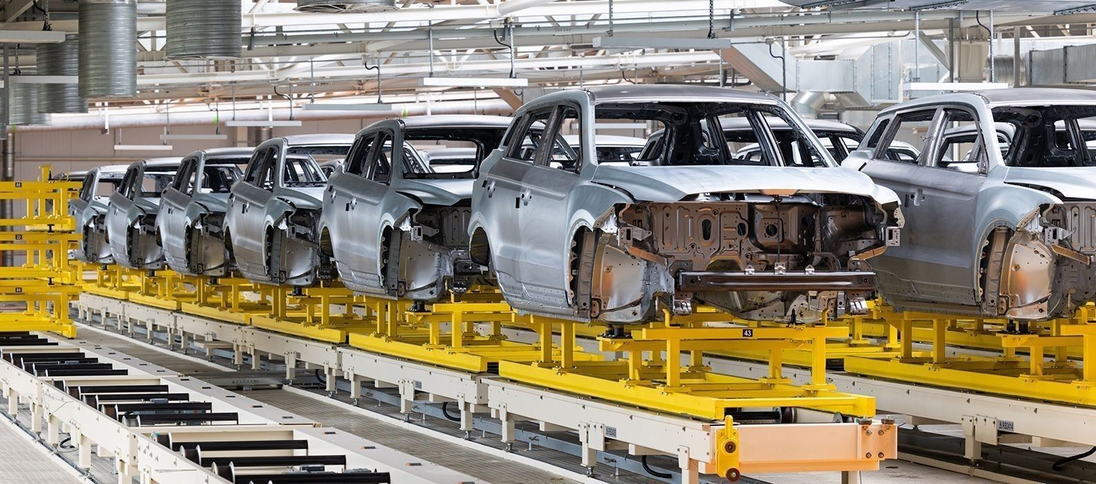 Cars are build on an assembly line
